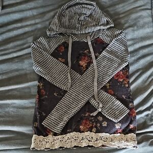 Rewind Black and Gray Striped Longsleeve Shirt With Hood